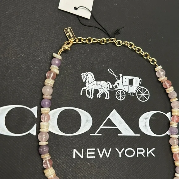 NWT Coach Rexy Coin Beaded Choker Necklace Gem Stone Charm Adjustable Dinosaur - Picture 8 of 10